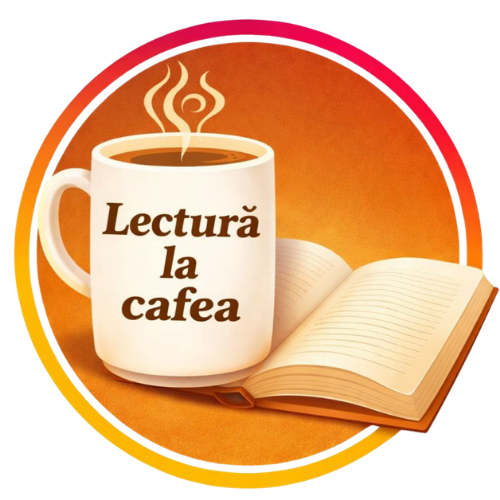 Logo-Lectura la cafea, O imagine cu o cana de cafea aburinda pe care scrie lectura la cafea si o carte deschisa