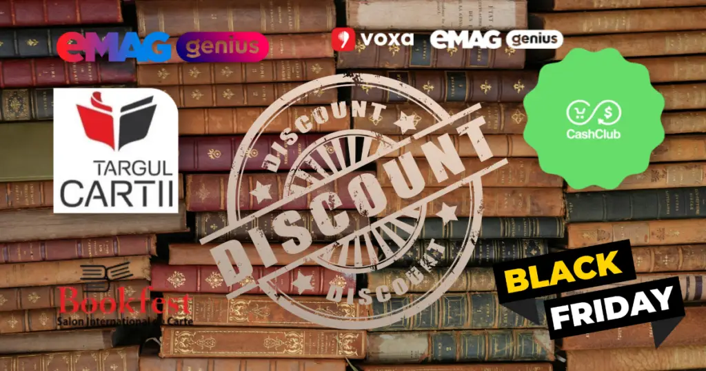 Ghid cumparare carti ieftine prin eMAG Genius, CashClub si anticariate online pe fundal cu biblioteca.