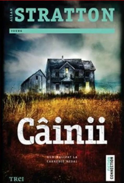 Coperta cărții Câinii de Allan Stratton, un thriller psihologic captivant publicat în format broșat pe fundalul recenziei de 4 stele de pe blog.