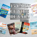 Colaj cu 15 coperți de cărți de vară pe fundalul unei plaje cu nisip și mare, având textul central „15 cărți cu vibe de vară” și un troller de vacanță.