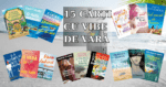 Colaj cu 15 coperți de cărți de vară pe fundalul unei plaje cu nisip și mare, având textul central „15 cărți cu vibe de vară” și un troller de vacanță.